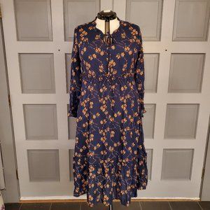 NWT Bloomchic Floral Lantern Long Sleeve Tie Neck Women's Midi Dress Navy 1X